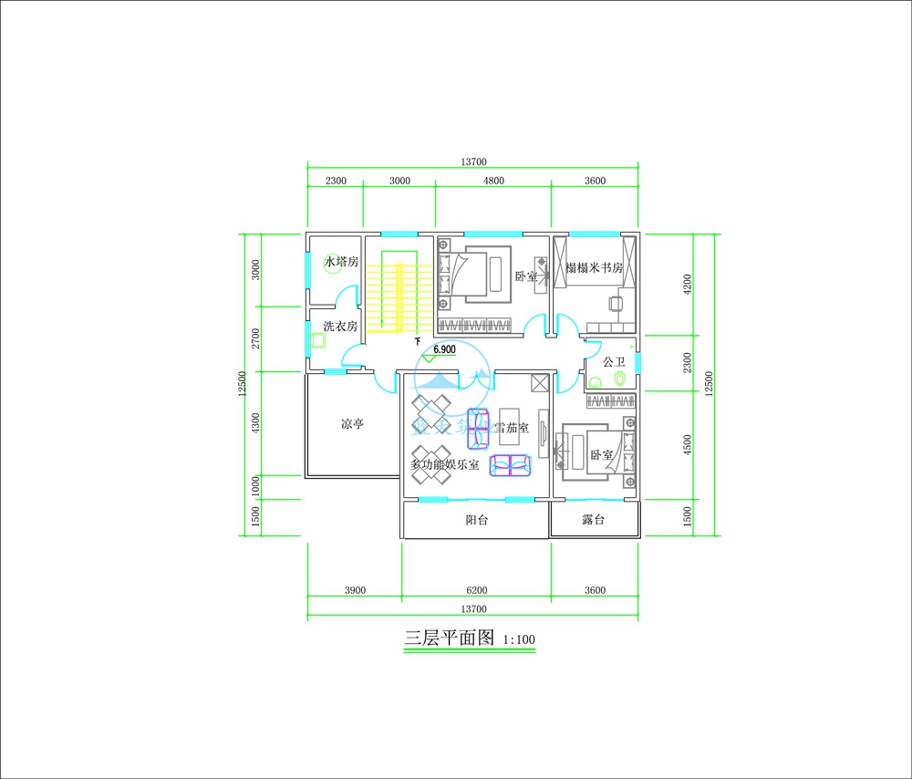 现代三层自建别墅三楼原创设计图纸